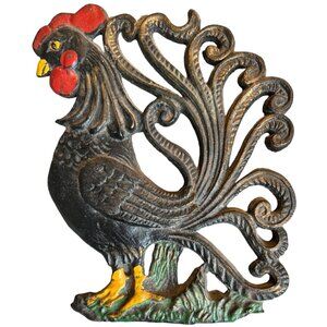 Vtg CAST IRON Handpainted Rooster Chicken Hen Wall Hanging Plaque Marked MCM 7"